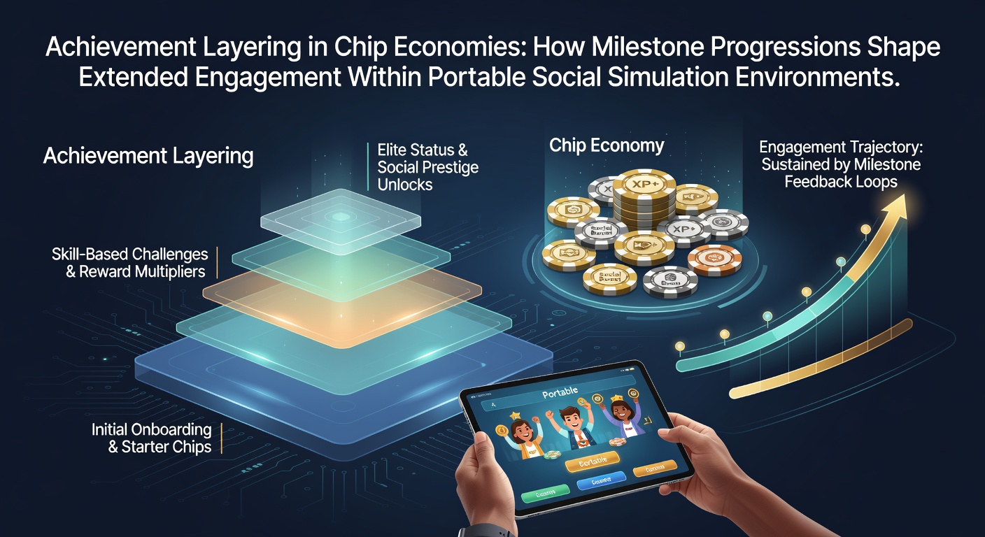 Mobile device displaying layered achievement milestones and virtual chip progression in a social simulation app interface