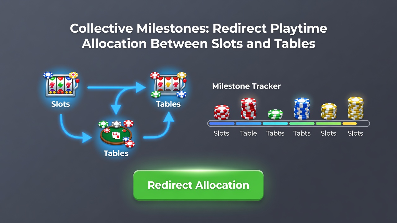 Split-screen view of a smartphone showing slot reels on one side and a blackjack table on the other, connected by a shared milestone progress bar