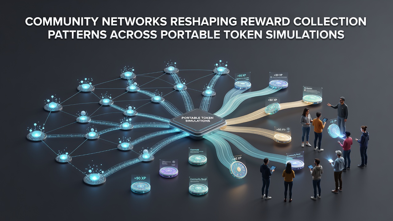 Portable device displaying synchronized reward collection in a community token simulation