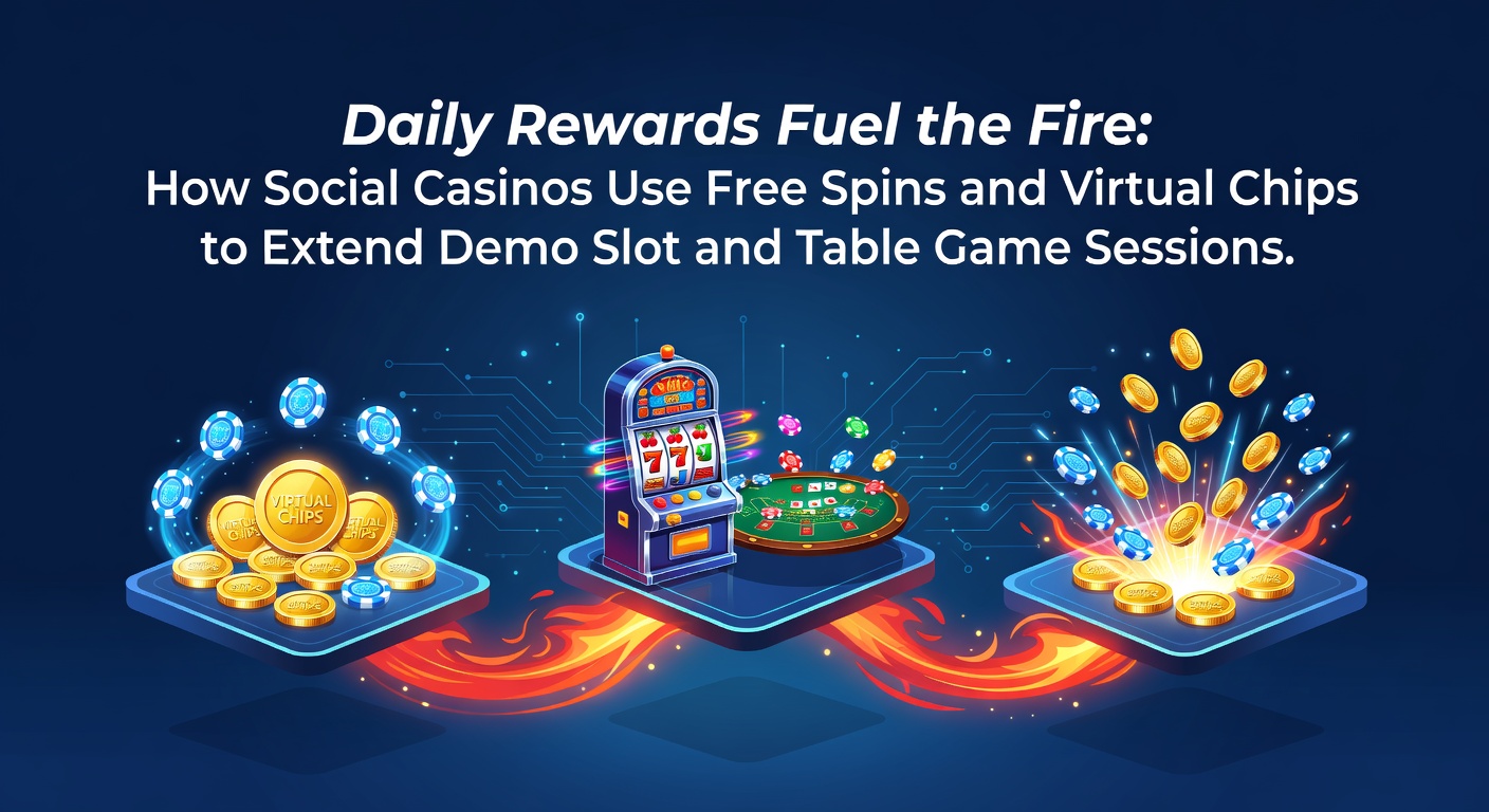 Vibrant slot machine reels spinning with colorful free spin icons and stacks of virtual chips overflowing from a casino treasure chest, illustrating the allure of daily rewards in social casinos