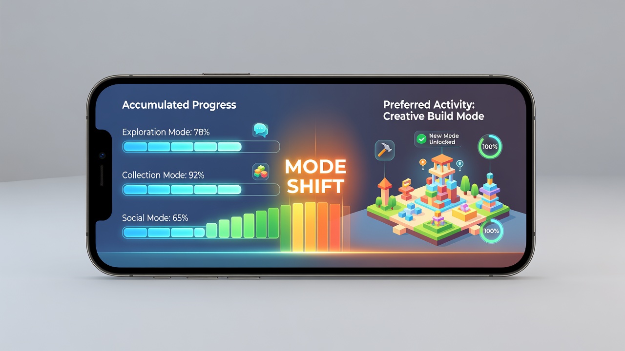 Mobile game screen displaying layered progress bars, achievement badges, and activity mode selection options in a virtual play environment