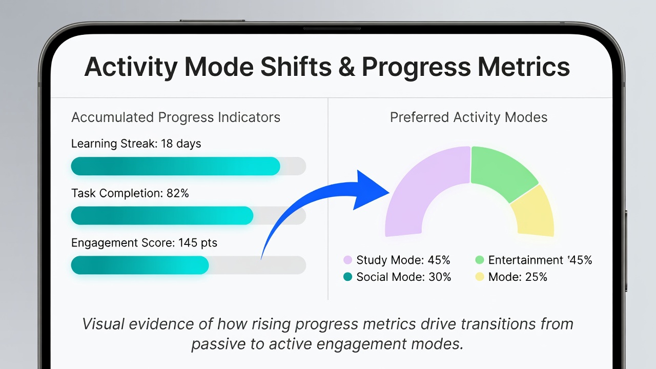 Infographic showing data flows from progress indicators to activity mode changes in smartphone-based virtual environments