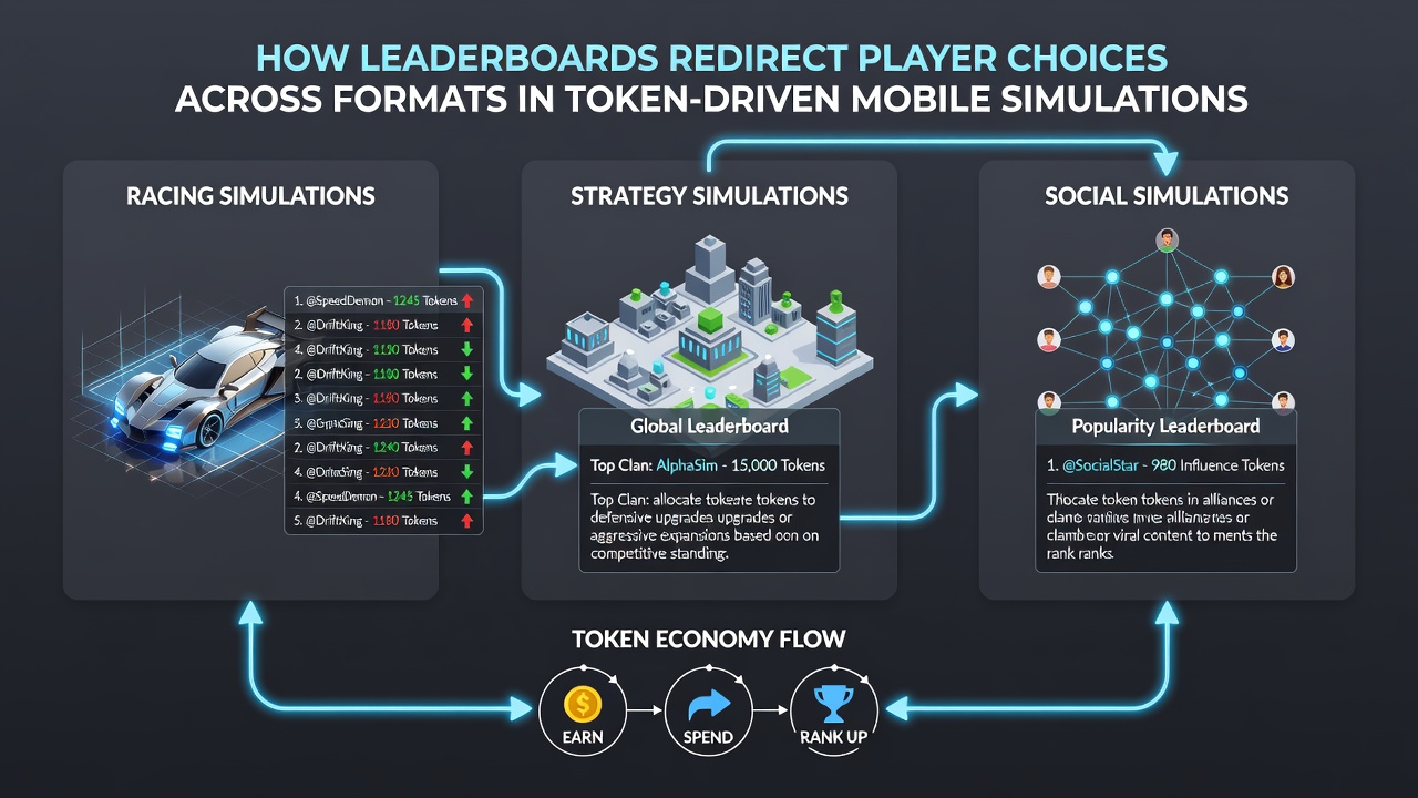 Split-screen view of mobile app showing players switching between game formats while monitoring live leaderboard updates