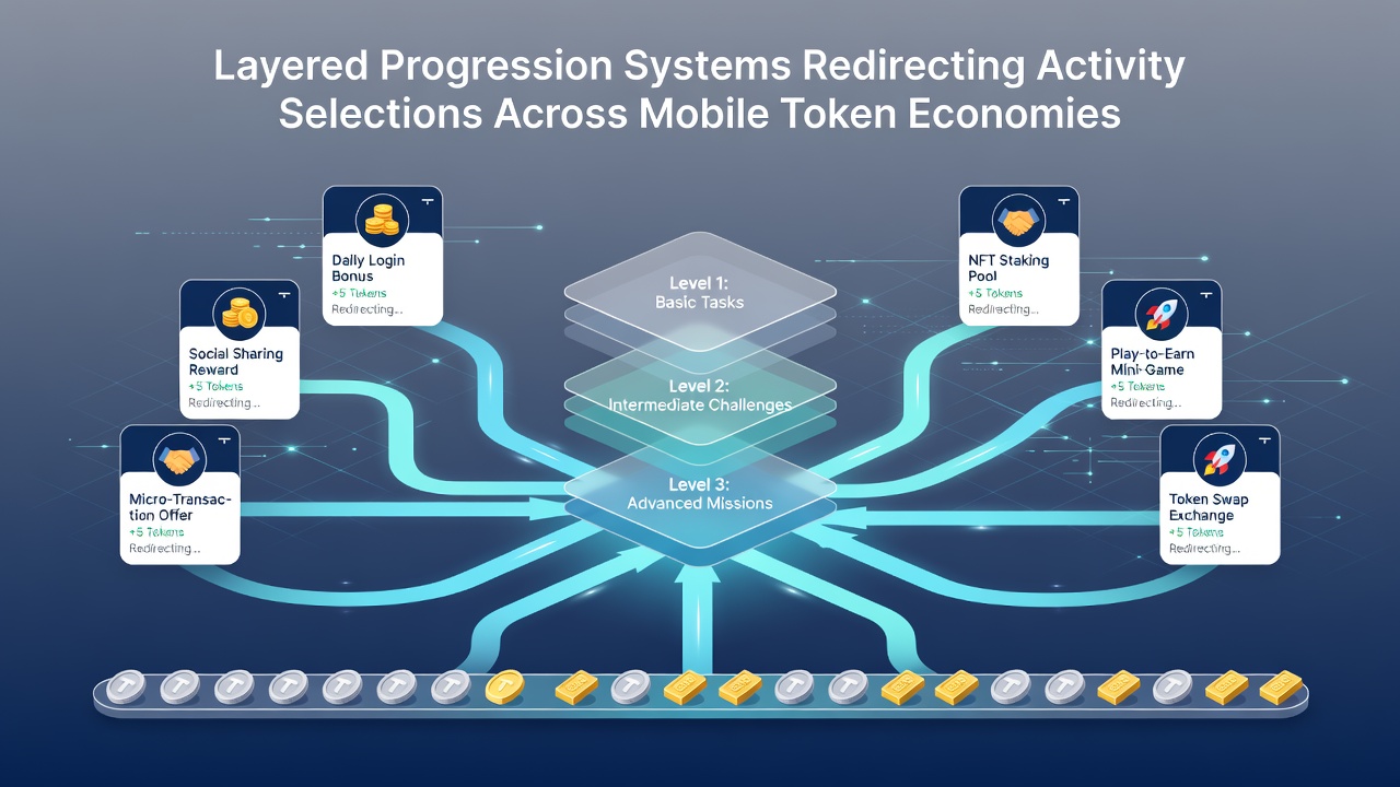 Mobile device displaying layered progression interface with token balances and activity options in a virtual economy