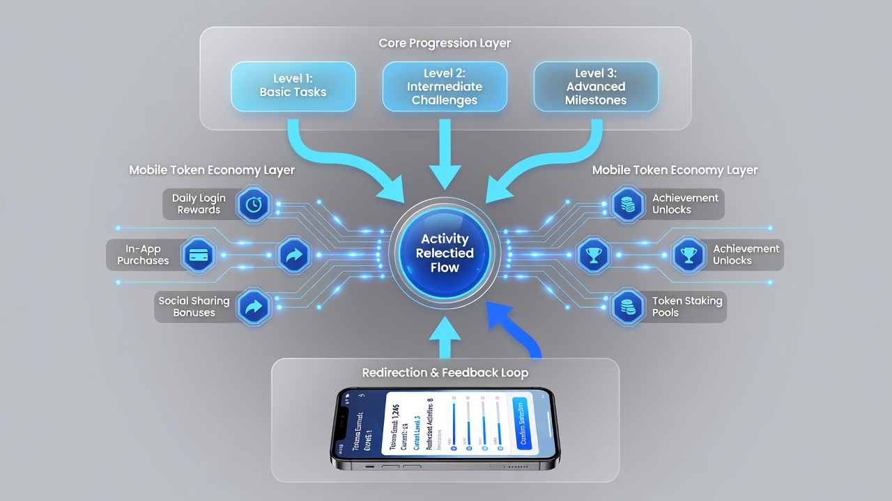 Infographic showing token economy flow with milestone layers connecting different activity modes on mobile interfaces