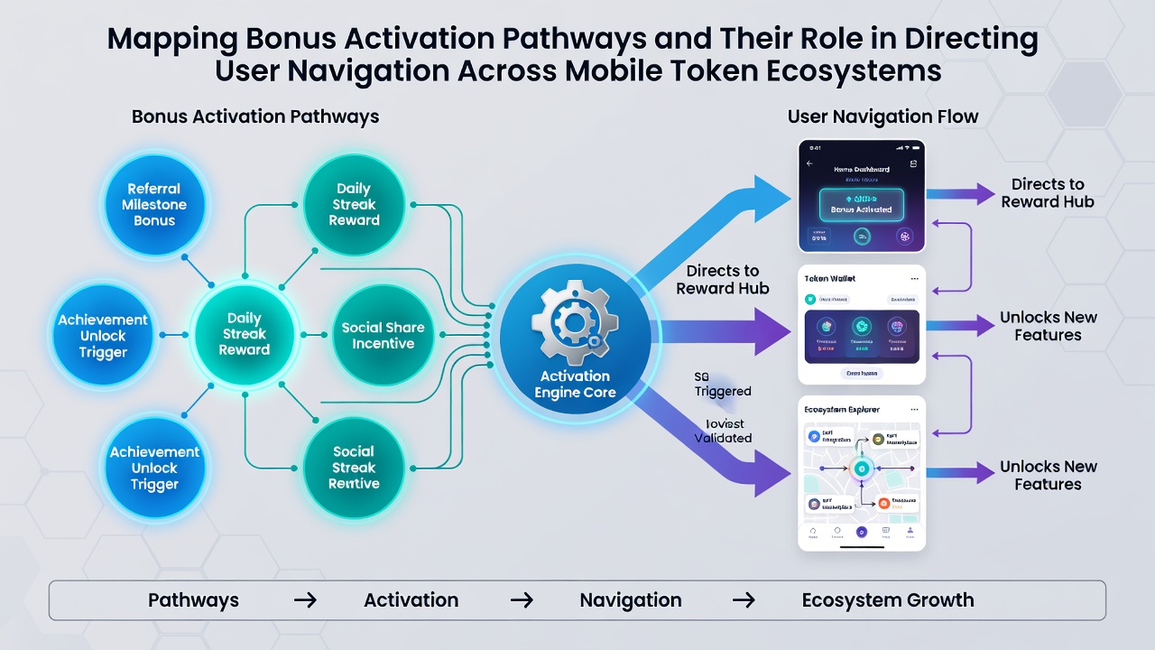 Mobile screen capture illustrating user navigation flow between bonus nodes and token collection areas