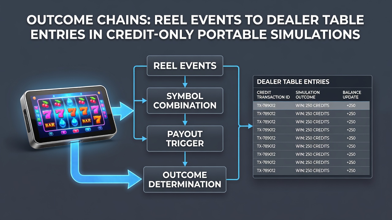 Diagram showing reel spin sequences connecting to virtual dealer table actions in mobile credit simulations