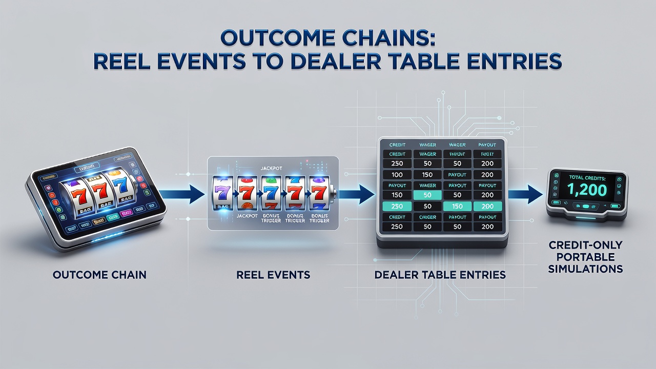 Flowchart illustrating how reel outcome data transfers into dealer table parameters within portable credit simulations