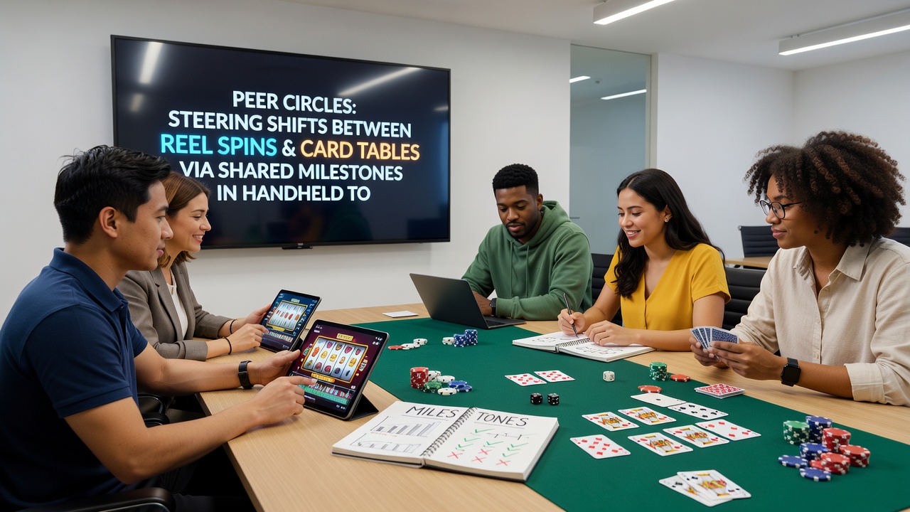 Mobile app interface showing peer circle progress and milestone rewards that direct players toward card table simulations