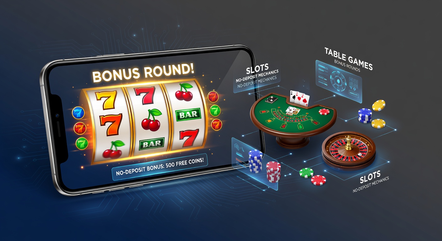 Split-screen mobile app view: Slot machine erupting in bonus fireworks on left, elegant poker table with glowing bonus chips on right, overlaid with no-deposit coin icons