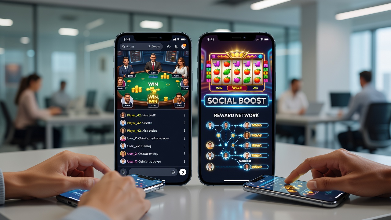 Mobile screen displaying leaderboard and shared reward notifications in a virtual casino environment
