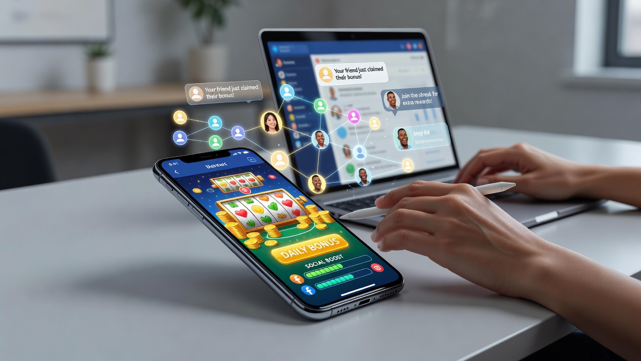 Players interacting with social features in a smartphone casino simulation app