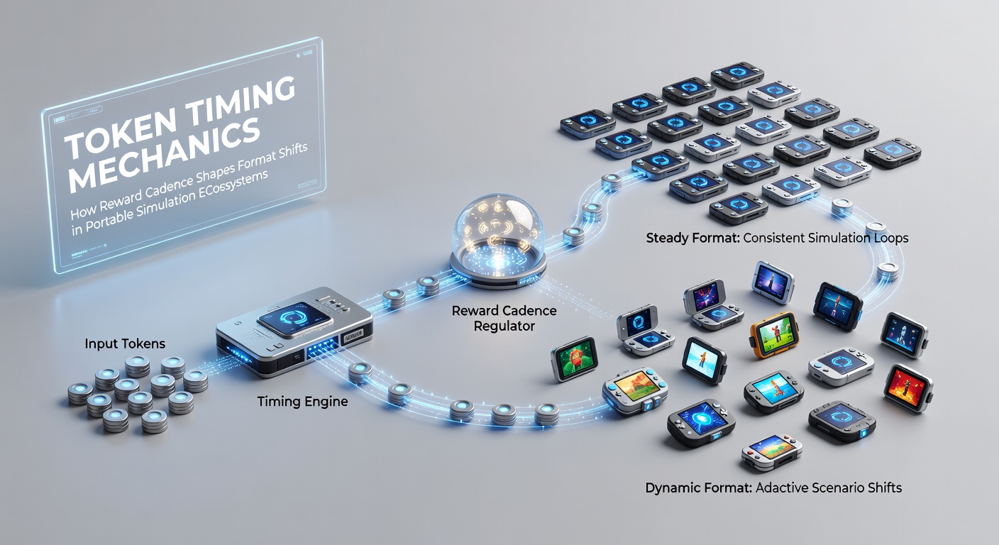 Diagram illustrating reward timing sequences in mobile simulation platforms with token flows between game formats
